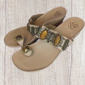 BCBGeneration Beige Jeweled Wedge Sandals